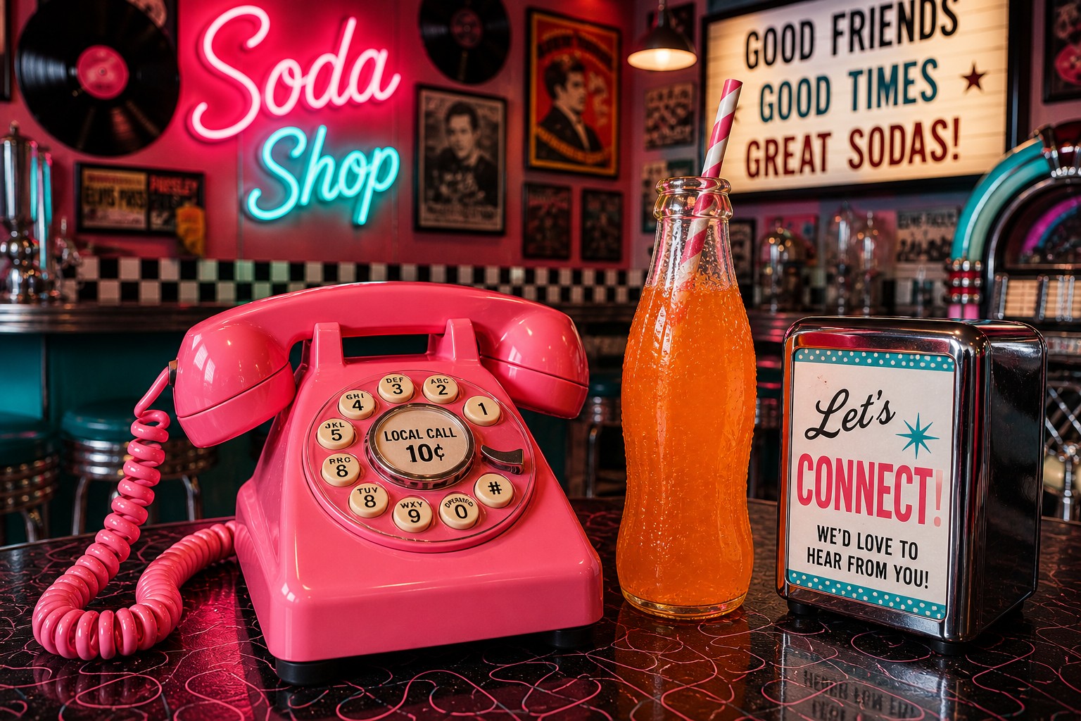 Contact Sodalirious retro 1950s soda shop phone with colorful soda drink